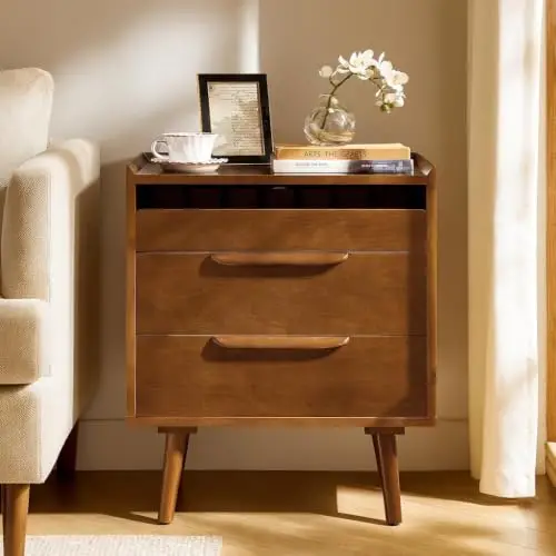 2-Drawer End Table with Charge Station, Acorn | Mid-Century Modern Style, Pull-Out Shelf, Wood Legs, Cable Management