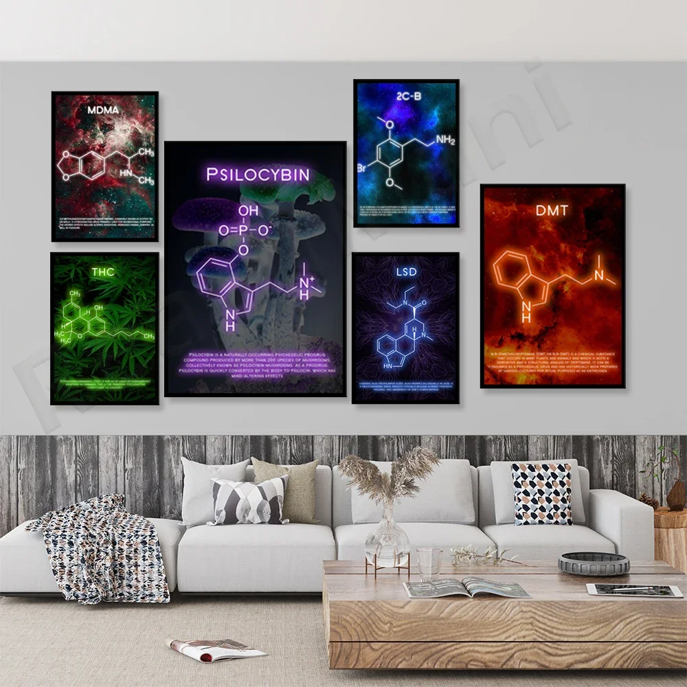 DMT Molecule, 2CB Molecule, LSD Molecule, THC Molecule Psychedelic Painting Wall Art Poster and Printed Home Decor