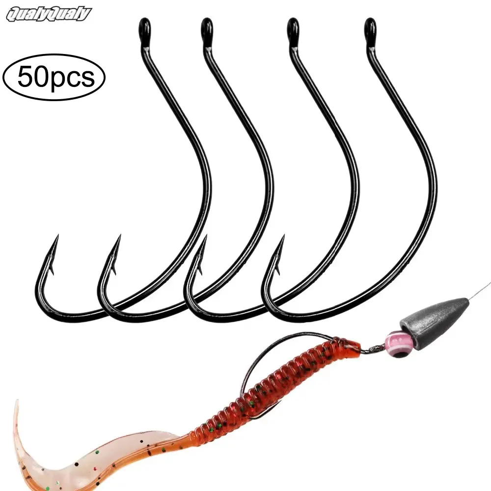

50pcs Offset Hooks High Carbon Steel Fishing Hooks With Eye Freshwater 6#-3/0# Wide Gap Barbed Hook For Soft Lure Worm