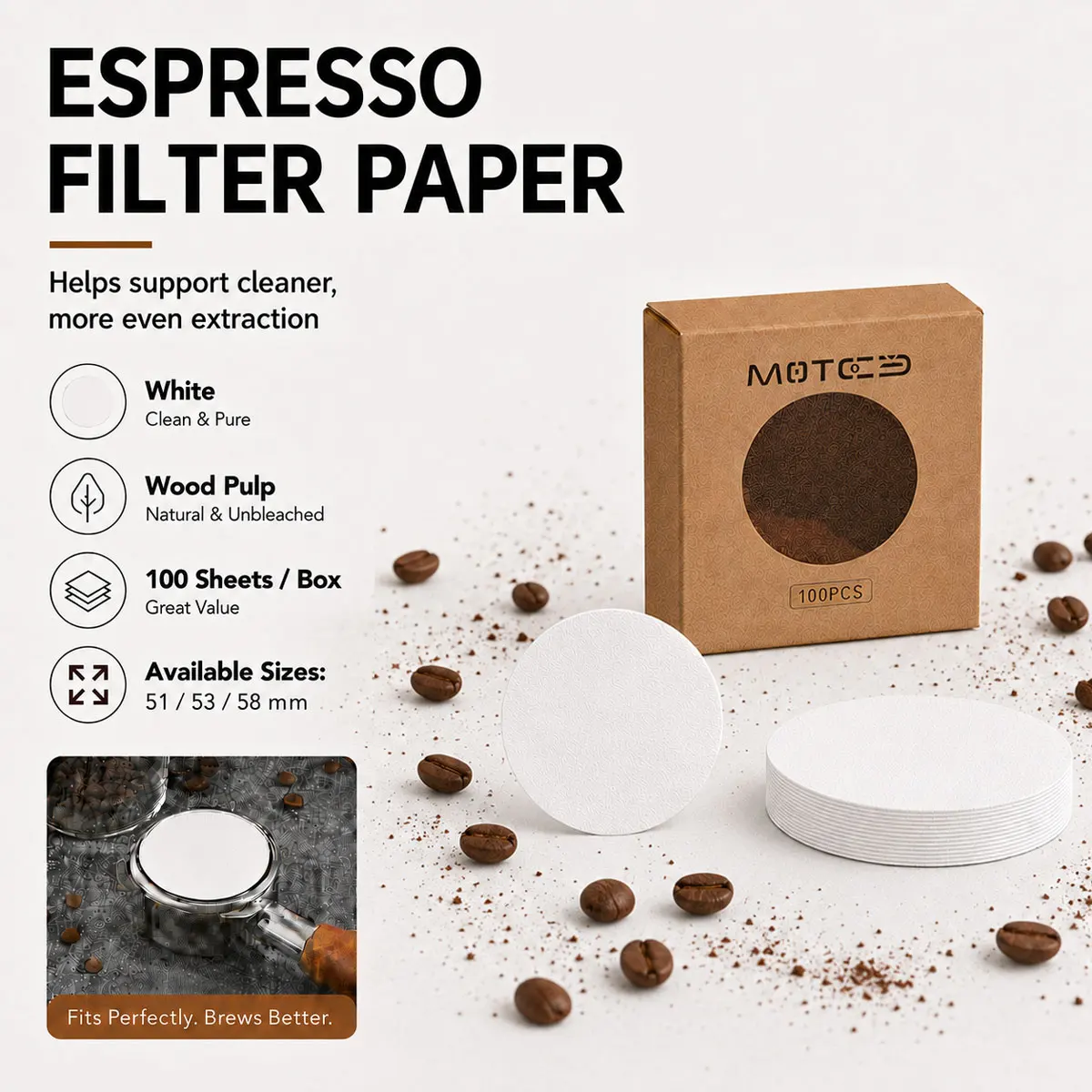 MOTREE-MOTCE Round coffee portafilter paper, espresso machine portafilter paper,  coffee filter pads 51/53/58mm universal.
