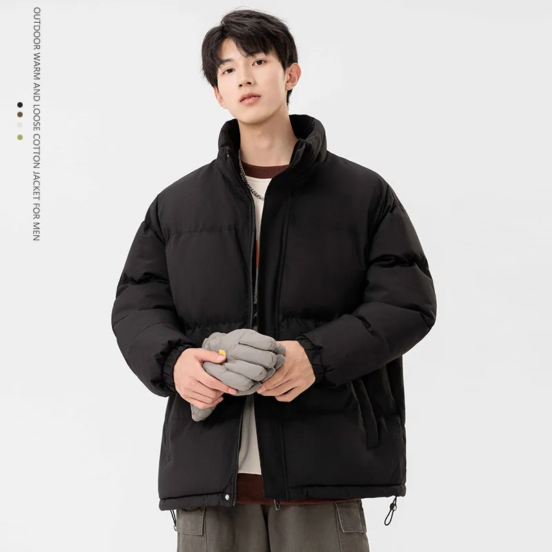 

Winter New Fashion Men's Solid Color Stand Collar Long Sleeve Casual Trendy Simple Basic Loose Thicken Outdoor Quilted Coat Male