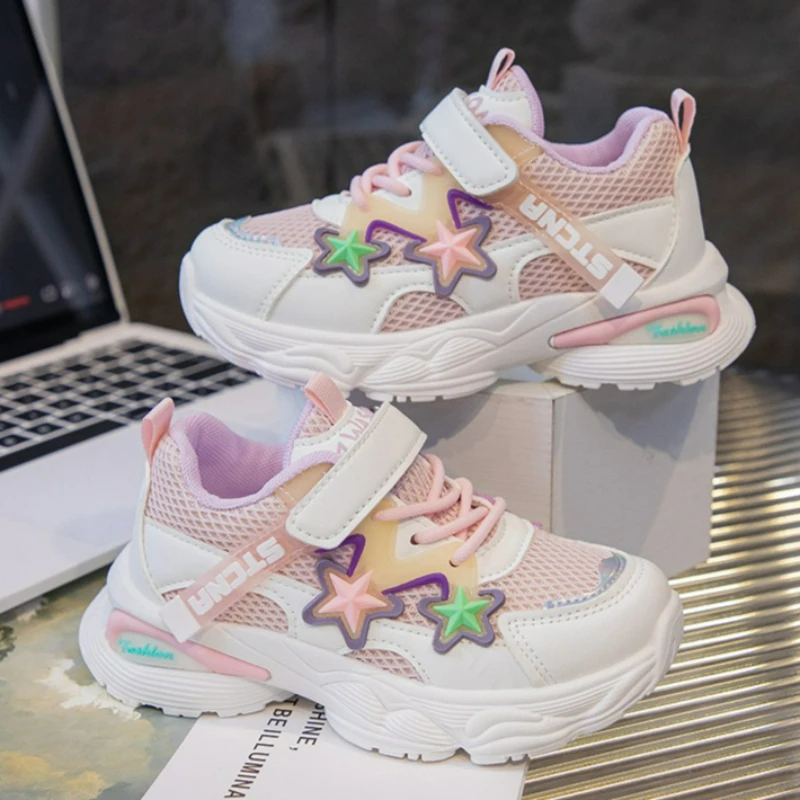 

White Pink Kids Sneakers with Star Design Fashion Sport Shoes for Girls Spring Mesh Casual Athletic Footwear Lightweight Style