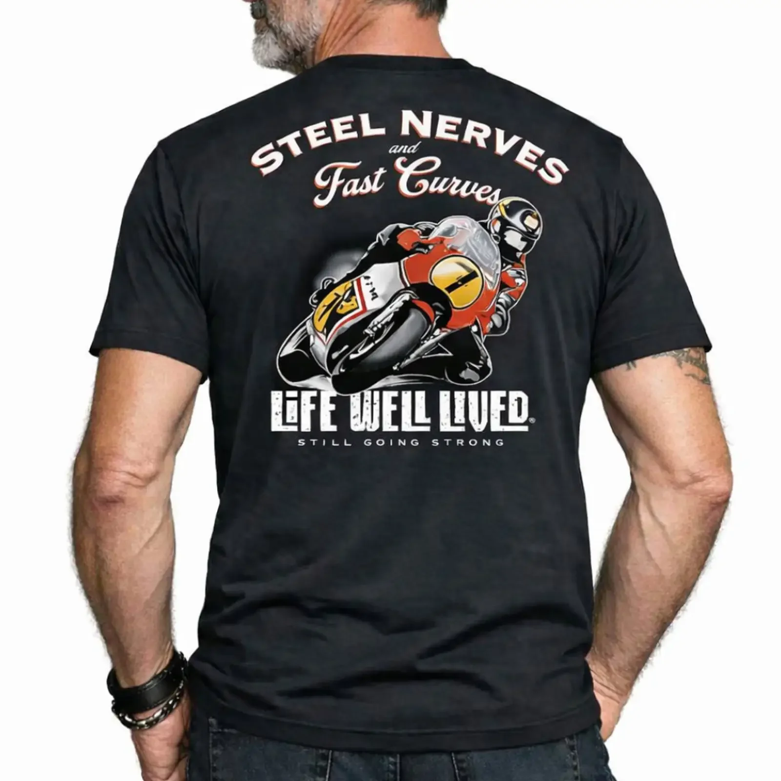 Men's Dark Grey Steel Nerves Fast Curves Motorcycle Racer T Shirt Life Well Lived Biker Casual  vintage Washed Slightly fashion