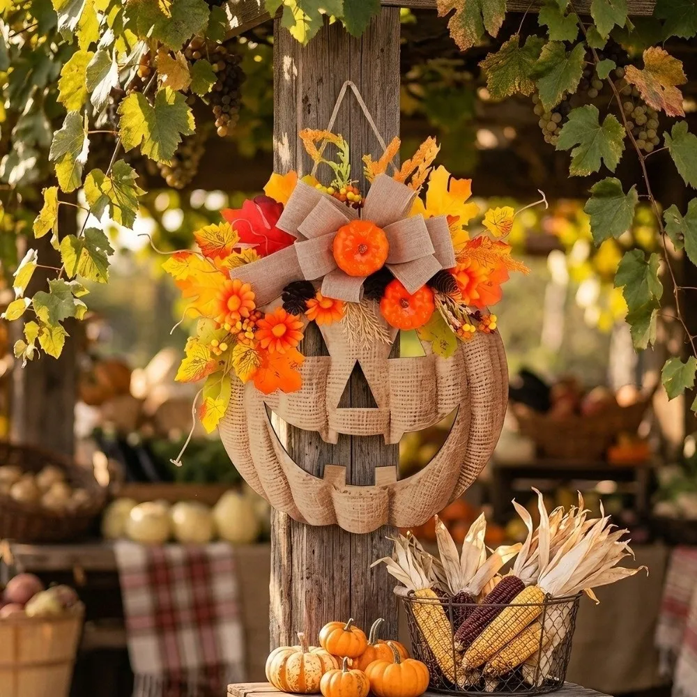 Rustic Halloween Wooden Pumpkin Door Hanger with Bow Vintage Artificial Fall Pumpkin Floral Wreath Thick Board Anti-Deformation