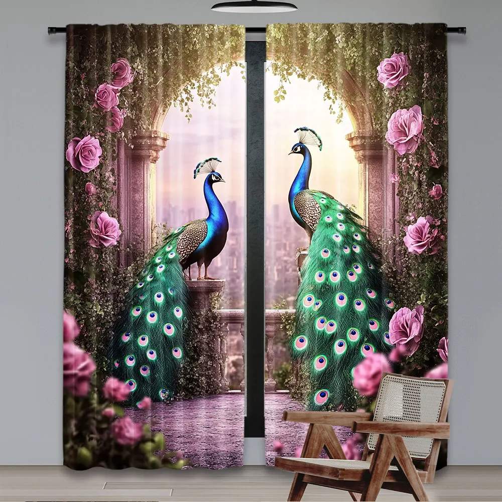 2Pcs Retro Peacock Printed Curtains For Study Room Kitchen Living Room Dorm Room Bedroom Room Decor Home Decor A