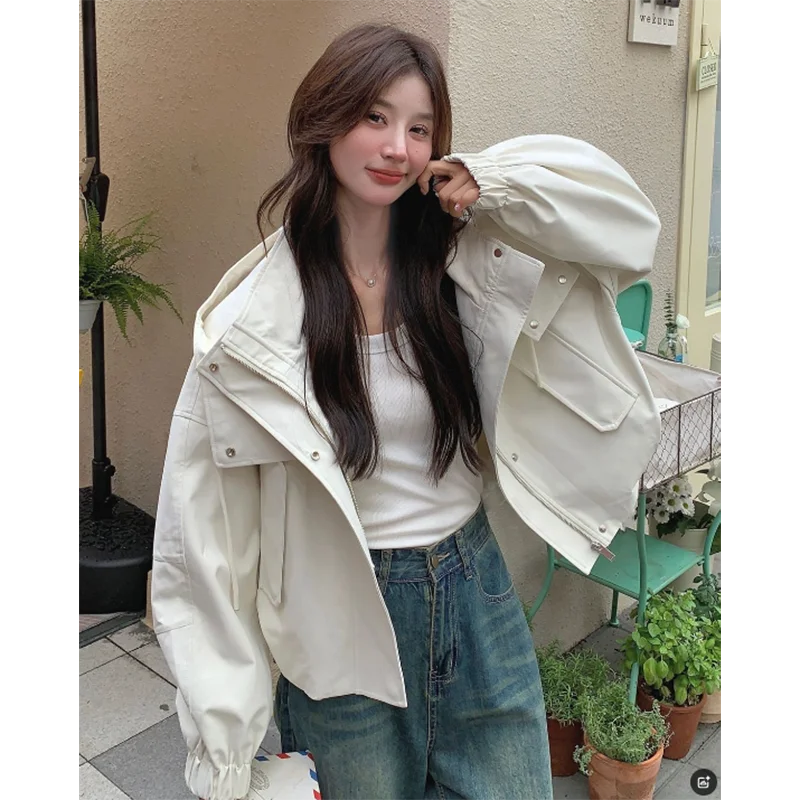 

Women Casual Short Hooded Jacket New Spring Autumn Korean Loose Long Sleeve Zipoer Coat Female Large Size Wild Outwear Tops 3XL