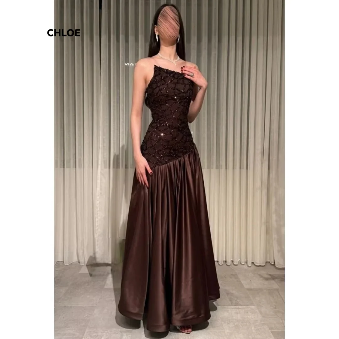 

Sleeveless Elegant Evening Dresses for Woman Luxury Women's Evening Dresses for Special Occasions Brown Line A Customized Shiny