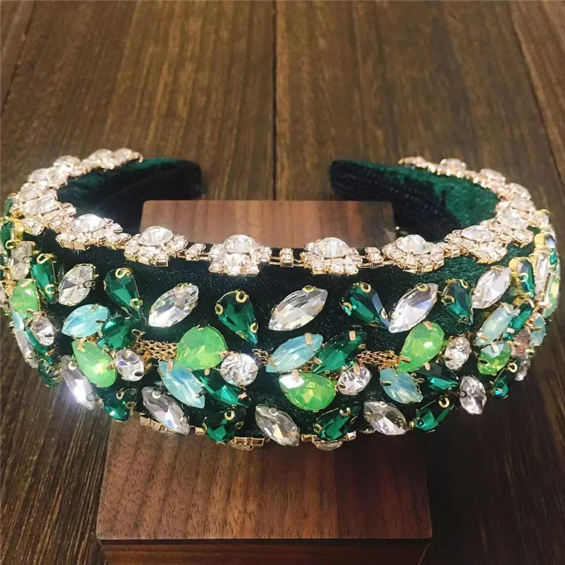 Ins Full Crystal Luxury Baroque Padded Headband For Women Diamond Rhinestone Hairband Wide Green Thick Headwear Wholesale