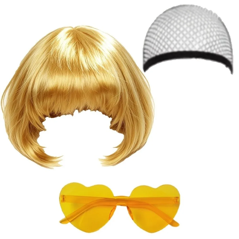 3 Stück bunte kurze Bob-Perücken, Weihnachts-, Halloween- und Cosplay-Perücken-Set für Partys, inklusive Haarnetz und Brille, kurze Perücke für Rollenspiele. – Detail 9