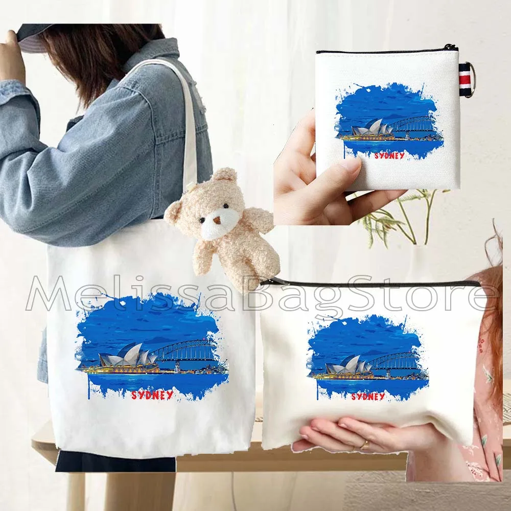 

4PCS Gifts Sydney Australia White Canvas Tote Bag Handbag with Doll Key Coin Purse Cosmetic Makeup Toilet Bag Case Pouch