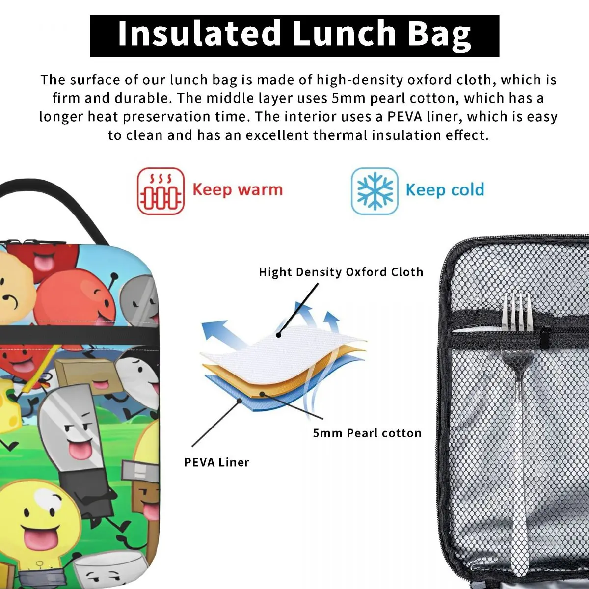 BFDI Inanimate الجنون جميع الشخصيات حقيبة الغداء صندوق غداء مدرسي للنساء Kawaii مخصص الحرارية حمل حقيبة للحفاظ على البرودة مريحة