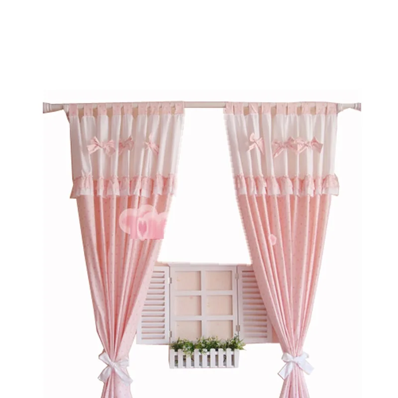 

2 panels 100% Cotton Korean Curtains for Girl's Bedroom Sweet Pink Princess Cortinas with Valance Bowties Pastoral Ruffles Drape