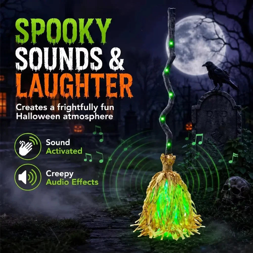 Auto Bouncing Glowing Witch Broomstick, Sound Activated Halloween Decor for Haunted House, Escape Room & Indoor Party