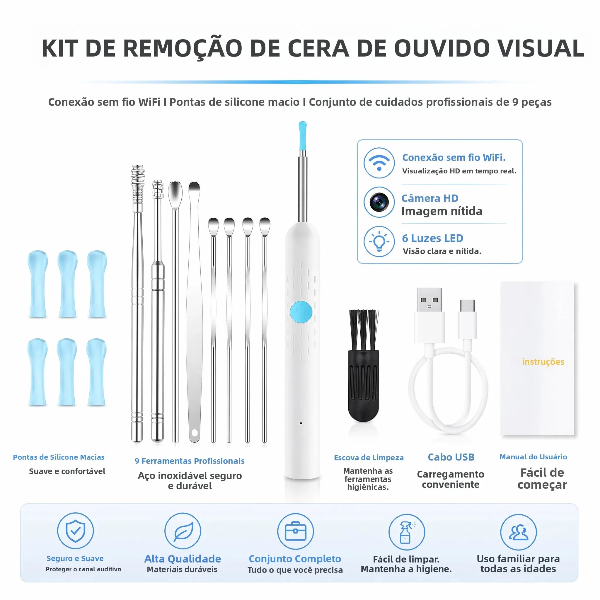 Otoscópio Visual Inteligente com Câmera HD 1080P, Removedor de Cera de Ouvido Sem Fio, Ferramenta de Limpeza de Ouvido à Prova d'Água para Adultos e Crianças, Cuidados com os Ouvidos em Casa