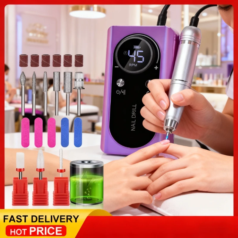 

45000RPM Nail Drill Machine Kit Rechargeable Electric Portable Nail Sander File for Gel Nails Polishing For Manicure Salon Home