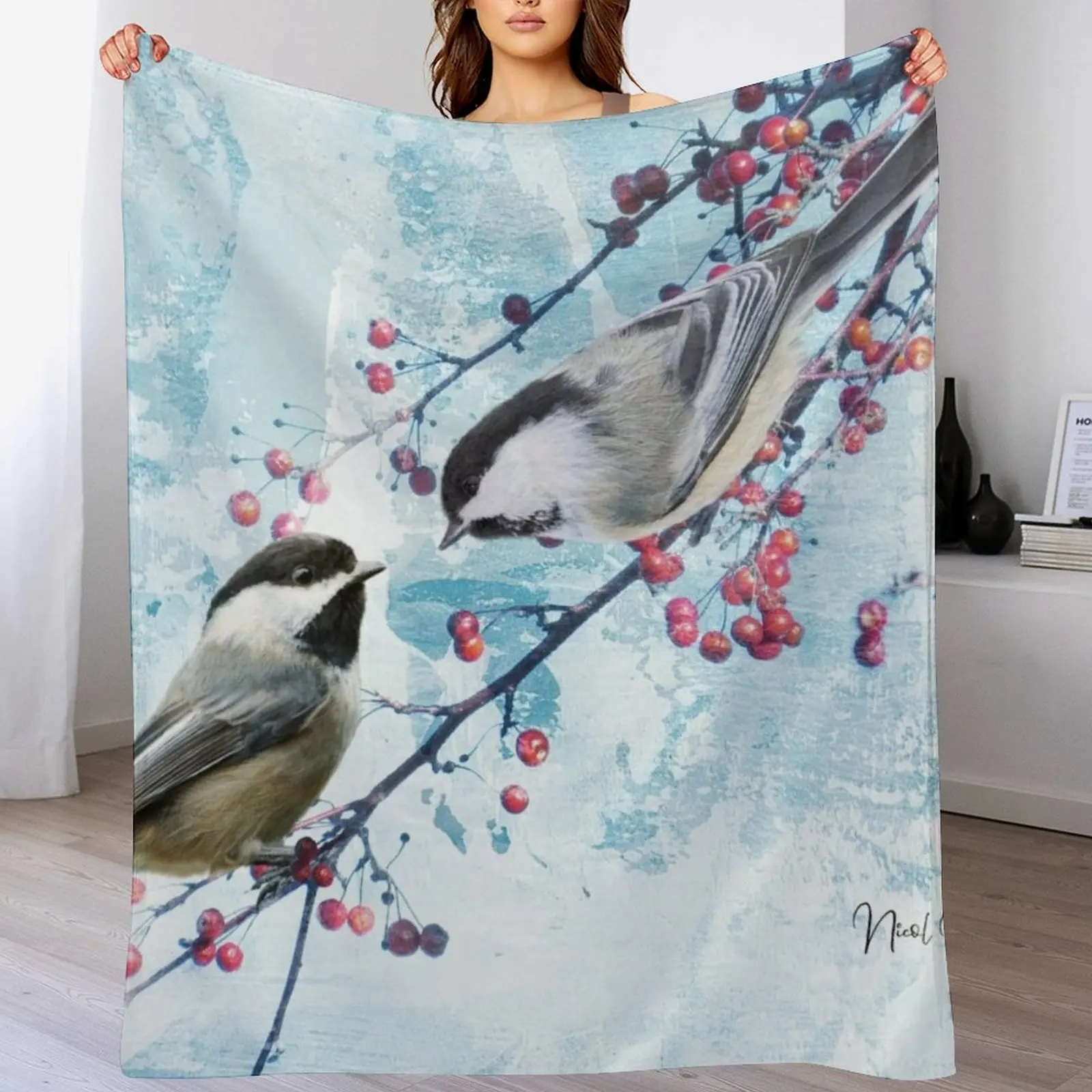 

Chickadee Red Berry Modern Country Farmhouse Art A630 Throw Blanket Luxury Brand Soft Blankets