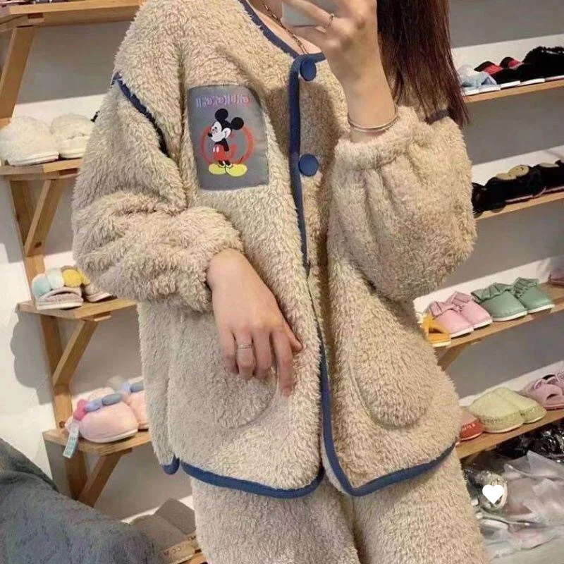 

Mickey Patch Print Beige Plush Fleece Cardigan-Style Pajama Set with Blue Trim Warm Comfy Y2K Aesthetic Fashion Fit Loungewear