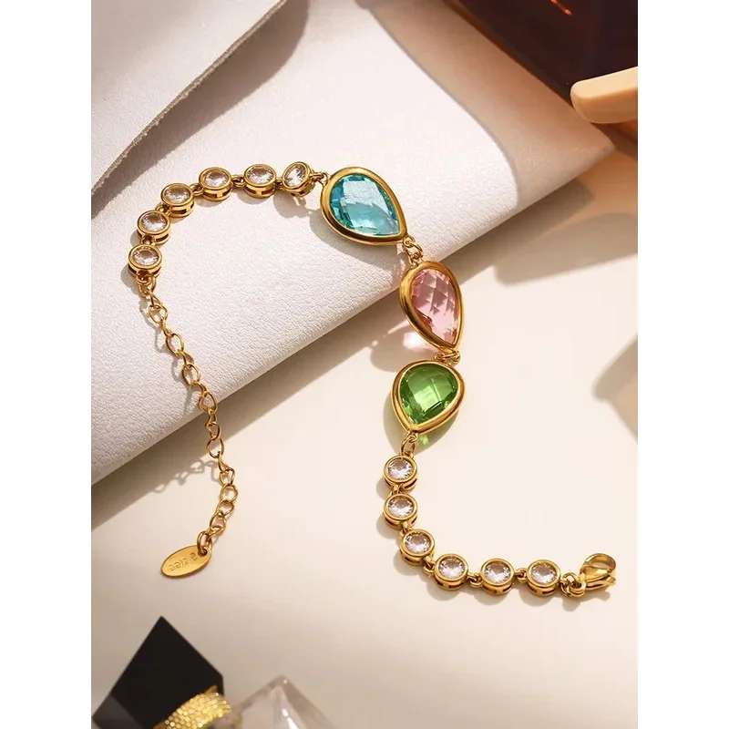

YISON Colorful Shiny Stainless Steel Bracelet For Women 18k Gold Plated Luxury Teardrop Faceted Czech Crystal Glass Bracelets