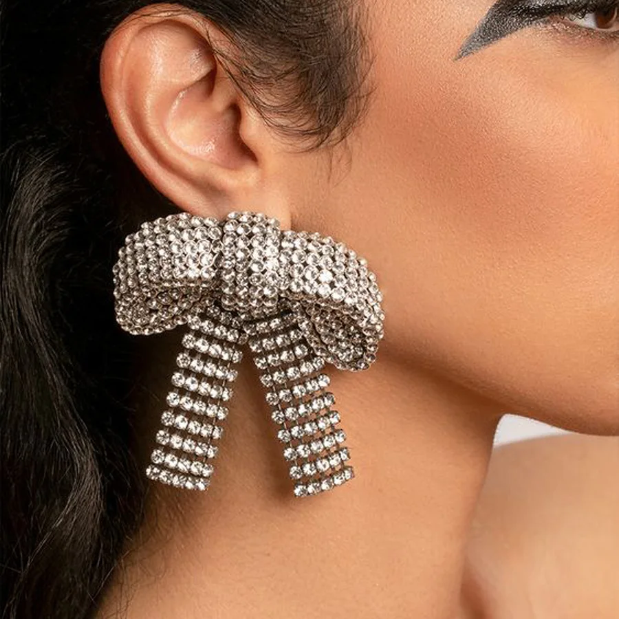 

Full Rhinestone Bow Drop Earrings Statement Ear Accessories Christmas Gift Charm Crystal Hanging Earrings Banquet Jewelry Gift