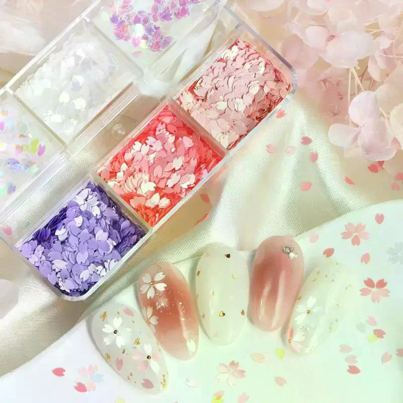 6 Grids Shining Flower Petal Chip Nail Sequins Cherry Blossoms Glitter Stickers Spring Holographic Decor Flakes Colorful Decor