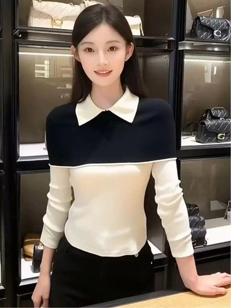 Rich heiress small fragrance style high-end fake two-piece knitted sweater women's autumn new contrasting color top