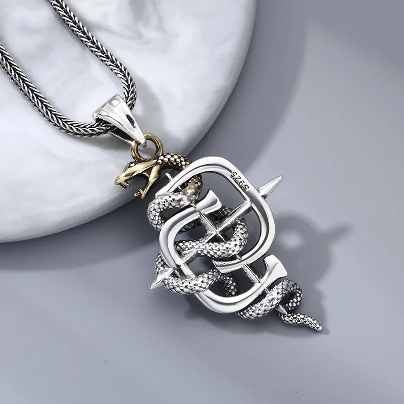 Vintage Gothic Python Necklace for Men - 925 Solid Sterling Silver Punk Rock Snake Pendant, Biker Jewelry