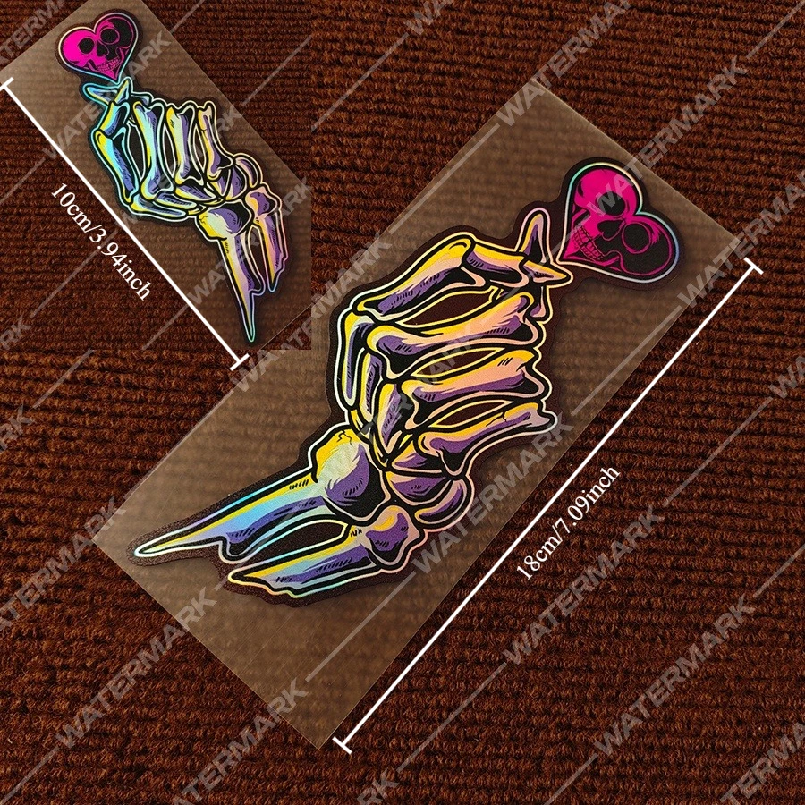 2Pcs/set Holographic Skeleton Hand Skull Heart Stickers, JDM Waterproof Vinyl Decals for Motorcycle E-Bike