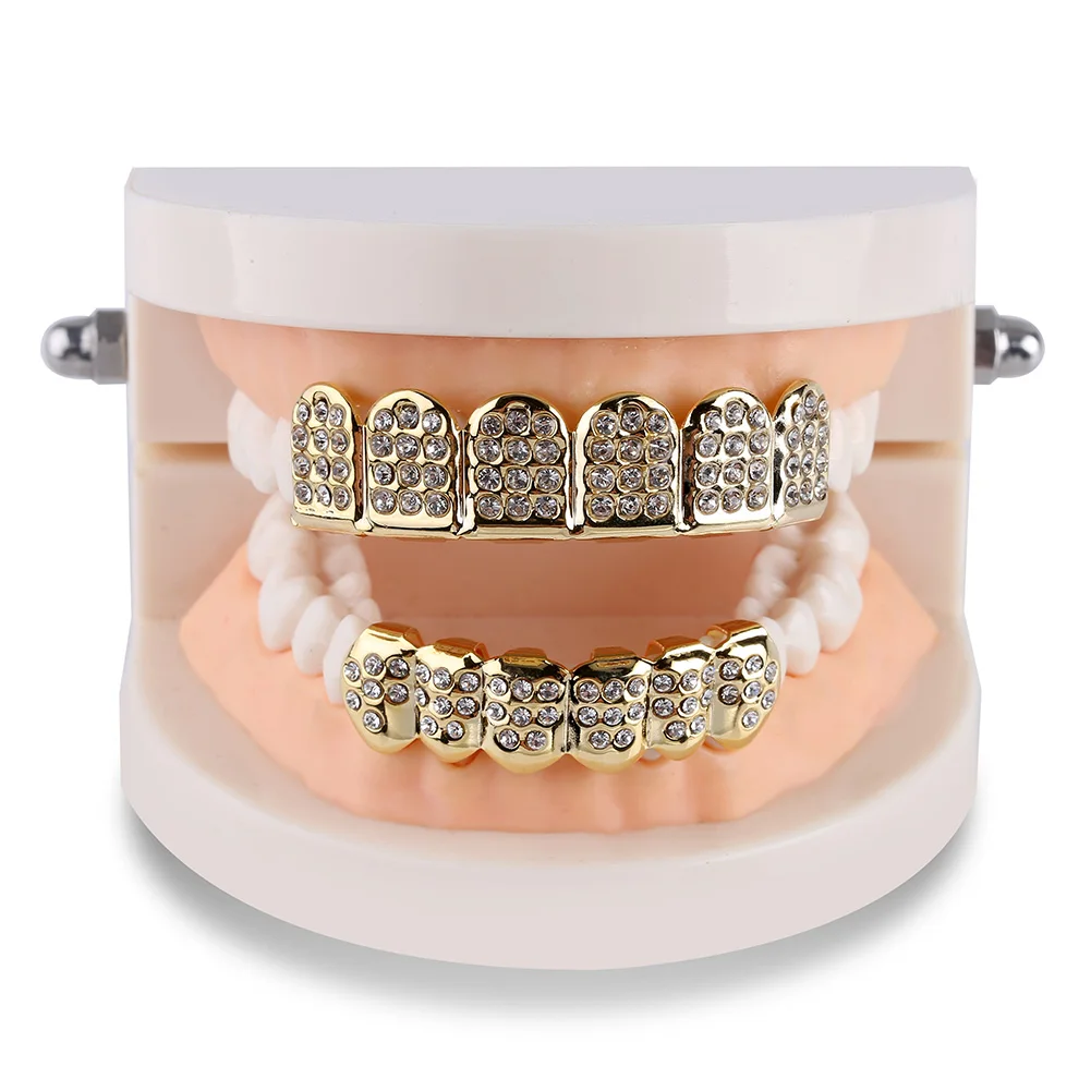 TOPGRILLZ Iced Out Full CZ Stones Teeth Grillz Fashion 5A+ Cubic Zircon 6 Top&6 Bottom Tooth Caps For Men Women Dental Grills