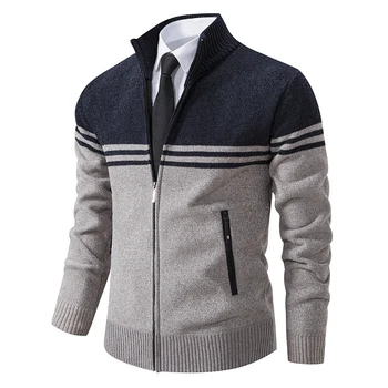 Men's New Winter Sweater Thick Fleece Warm Sweater Casual Stand Collar Zipper Cardigan Fashion Striped Coat 4