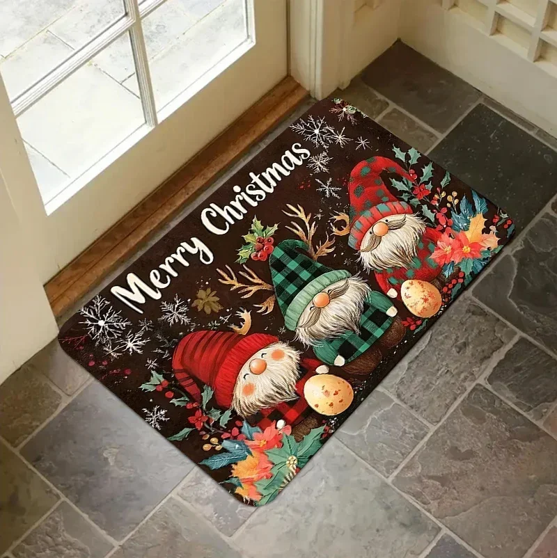 Christmas Theme Rectangular Area Rug Plaid Gnome Poinsettia Snowflake Merry Xmas Art Graphic Mat for Indoor Porch Home Space