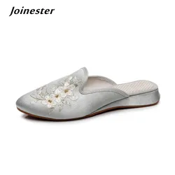 Ethnic Embroidered Satin Slippers for Women Vintage Dress Slides Female Backless Sandals, Spring and Summer Shoes