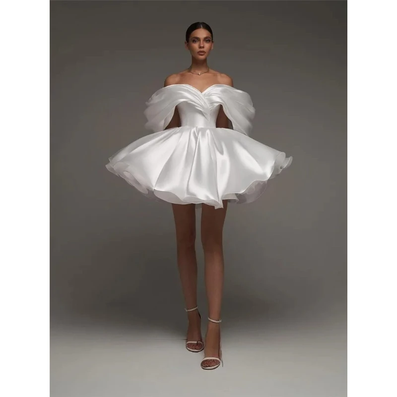 Customized Graceful Short  A Line Soft Satin Off The Shoulder Wedding Dress Mini Sweetheart Neck Vestido Bridal Gown