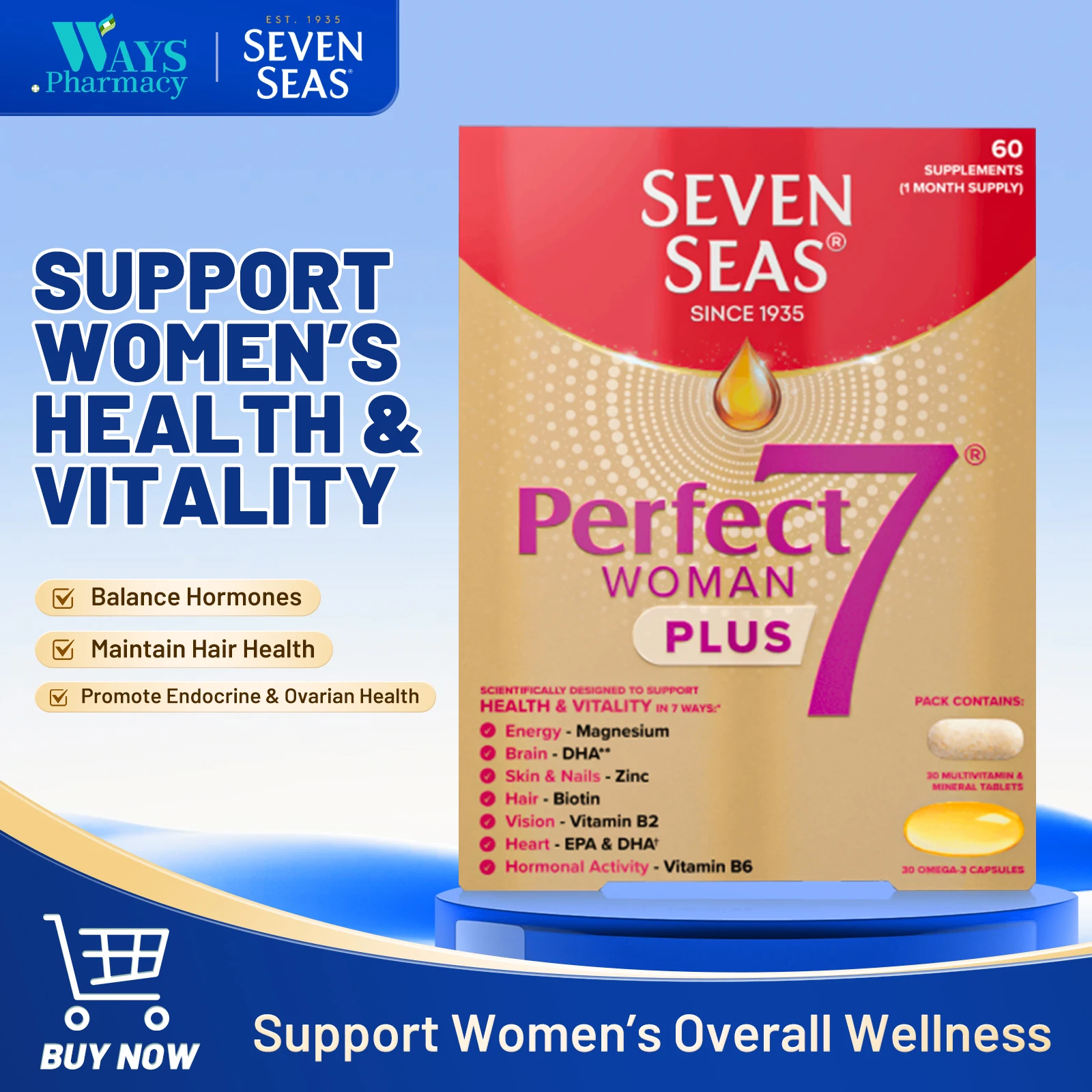Seven Seas Perfect7 Woman Plus: Multivitaminas para mujer (Omega-3, Vit D, Zinc) para la salud 1-7, 30 tabletas+30 cápsulas, suministro de 1 mes