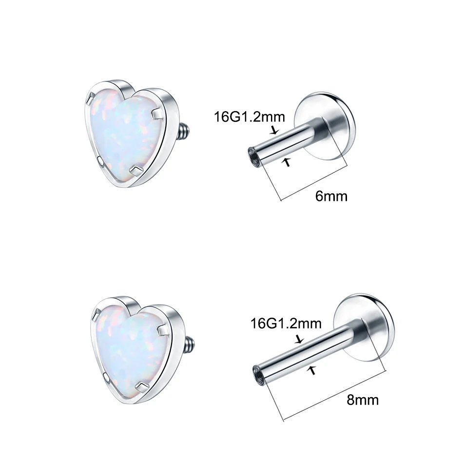 1pc 16g titanium coração opal labret piercing rosca interna orelha hélice língua tragus brinco parafuso prisioneiro piercing jóias do corpo
