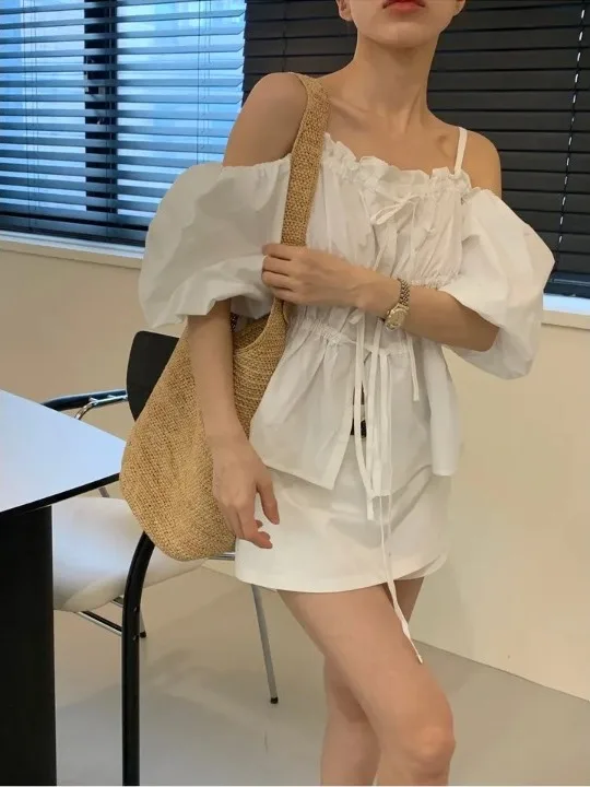 Faionable oulder Bared Belted irt Damen Sommer New Folded Bubble Sve Strap on Top Straight Tube Pure Color Commute