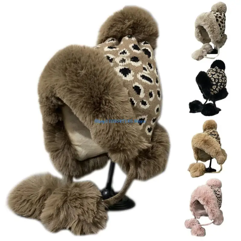 P88B الحلو لطيف ليوبارد طباعة قبعة قبعة صوف عادية قبعة صوف شتوية عادية مع EarFlap اليدوية كل مباراة Earprotect يندبروف #3