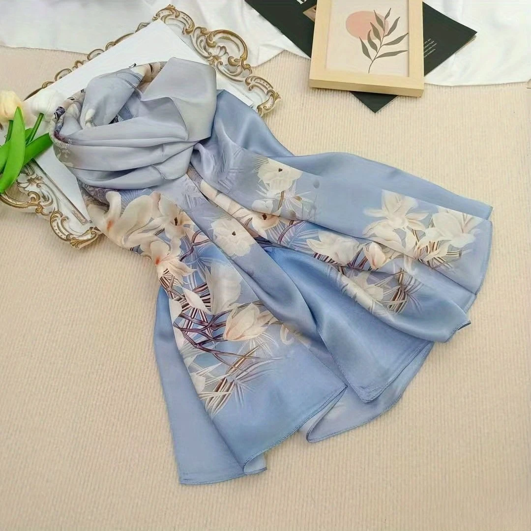

100% Mulberry Silk Long Scarf for Women Oblong Shawls for Headscarf Neck- Oblong Hair Wraps Gift Packed Sky Blue Floral Print