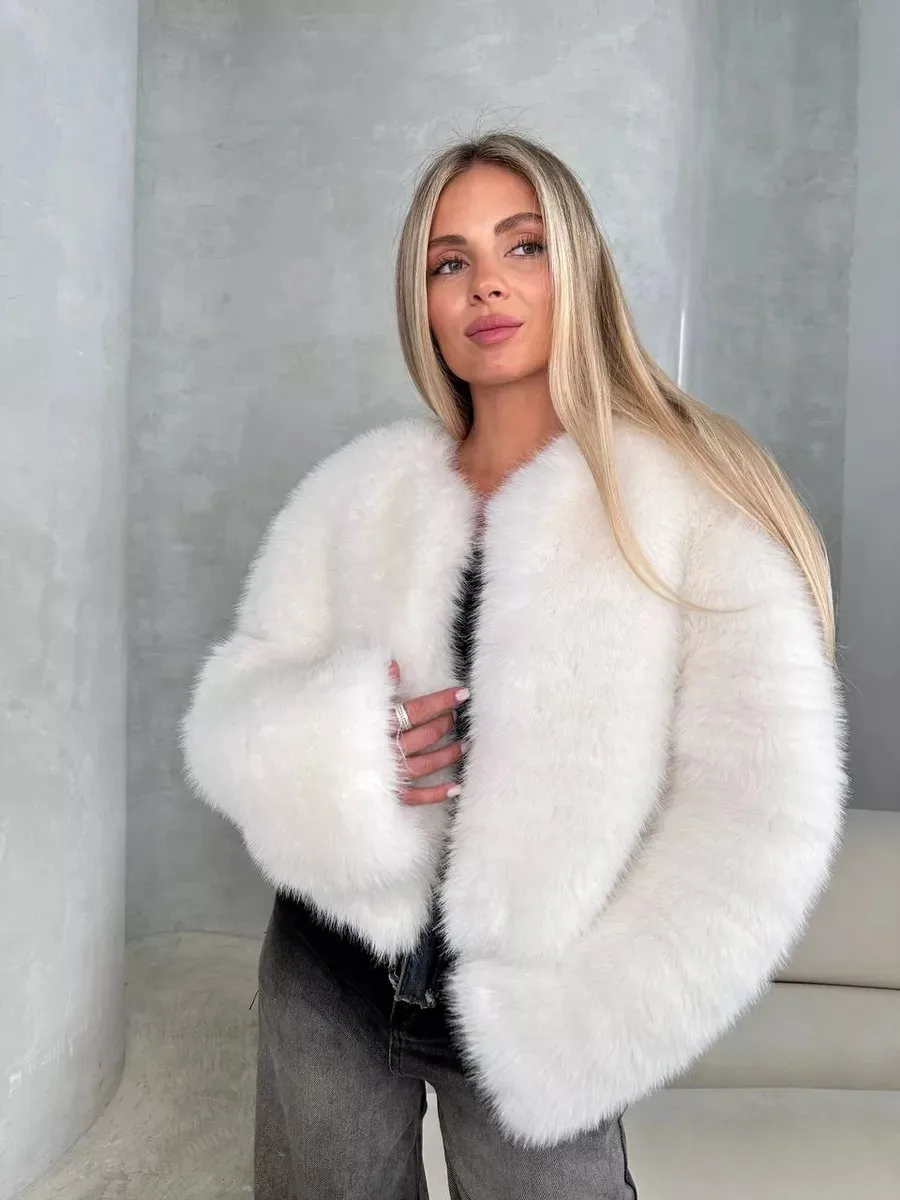 Women Faux Fur Coats Solid Short Jackets Long Sleeve Round Neck Open Stitch Thick Straight Fit Elegant Casual 2026 Autumn Winter