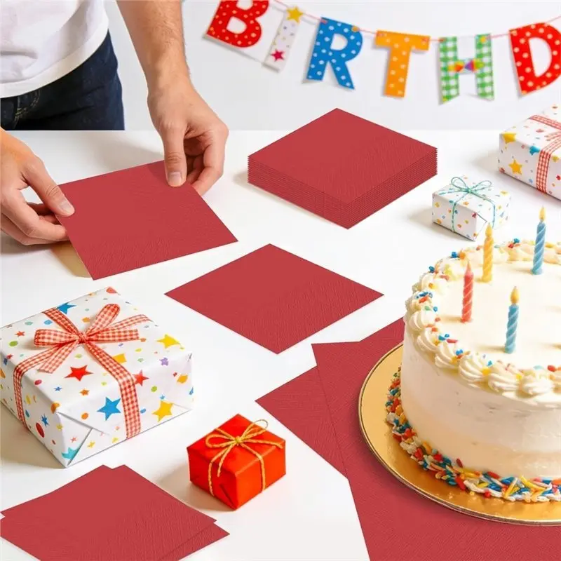 B23B Folded 5 X 5 Inch 100 Pcs 2-Ply Red Cocktail Napkins Disposable Paper Dessert Napkins For Dinner Birthday Wedding