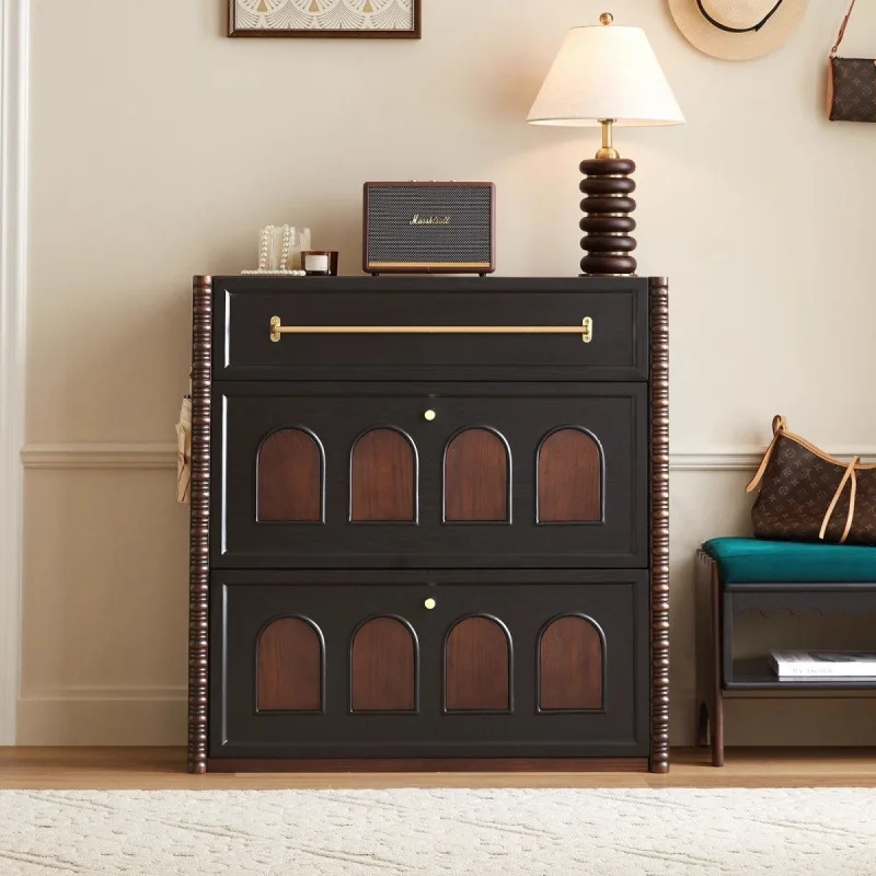French retro solid wood entry, tipping bucket shoe cabinet, medieval storage door, integrated against the wall American style