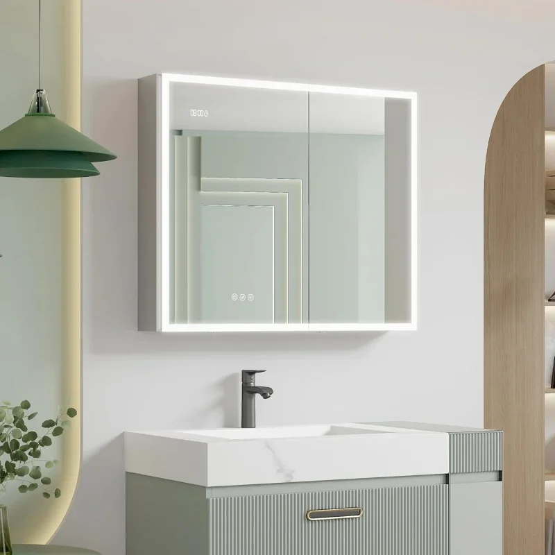 36X30 inch Bathroom Medicine Cabinet with LED Mirror, 3 Color Lights & Brightness Adjustment Anti-Fog Time & Temp Disp