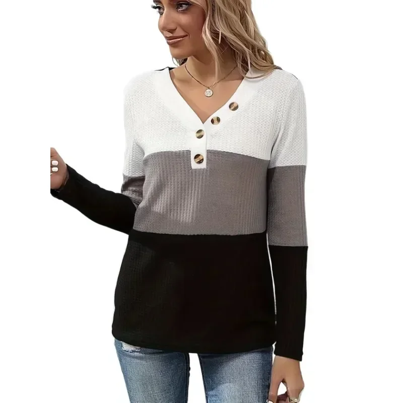 Plus Size 1XL-5XL delle nuove donne di estate primavera e autunno Casual Waffle T-shirt casual Top da donna colorato a maniche lunghe con scollo a V Top