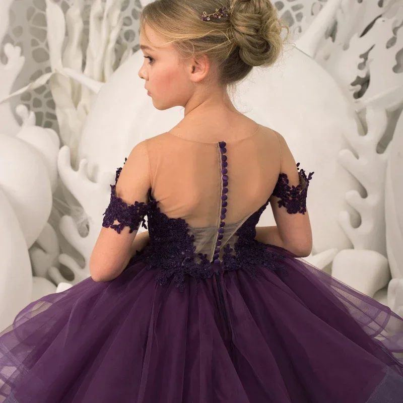 Robes de demoiselle d'honneur en dentelle violette, tulle gonflé, grande robe de princesse traînante, costume de fête d'anniversaire, nouvel an