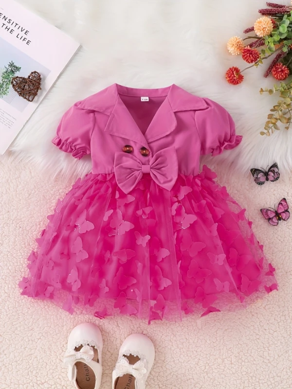 

Ярко-розовое платье-блейзер с воротником для девочек | Пышные рукава + 3D-бант - Тюлевая юбка-бабочка Вечернее платье"