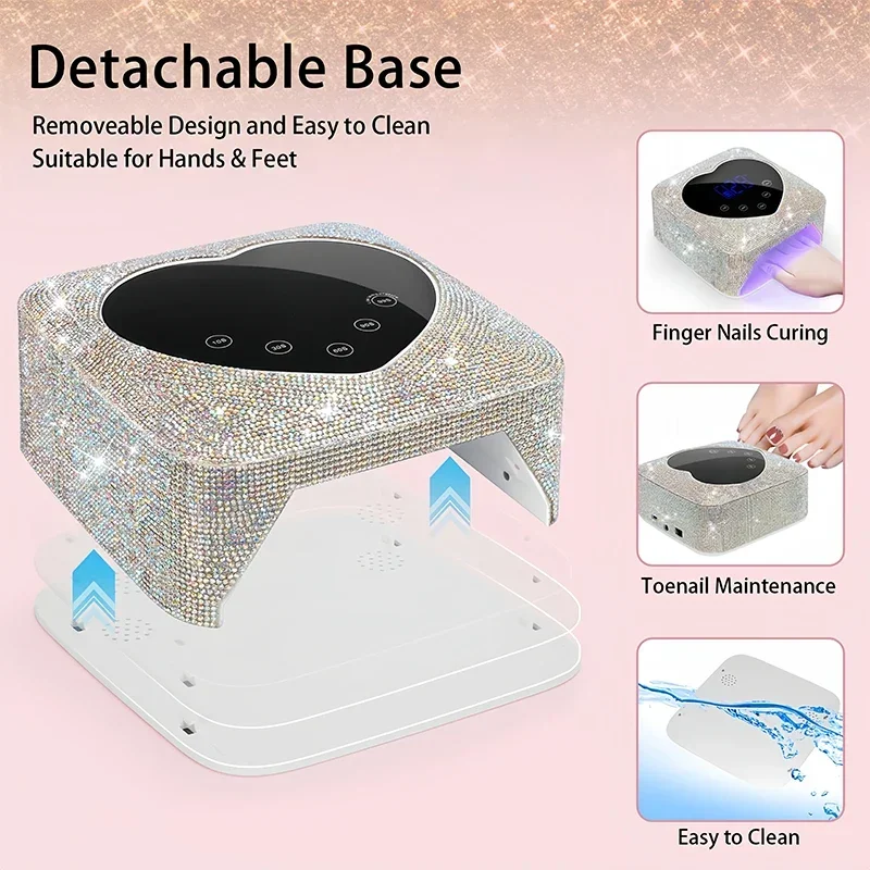 Lámpara LED UV para uñas, luz UV inalámbrica recargable de 72W para uñas con diamantes de imitación en forma de corazón, máquina de manicura y pedicura, herramientas para uñas