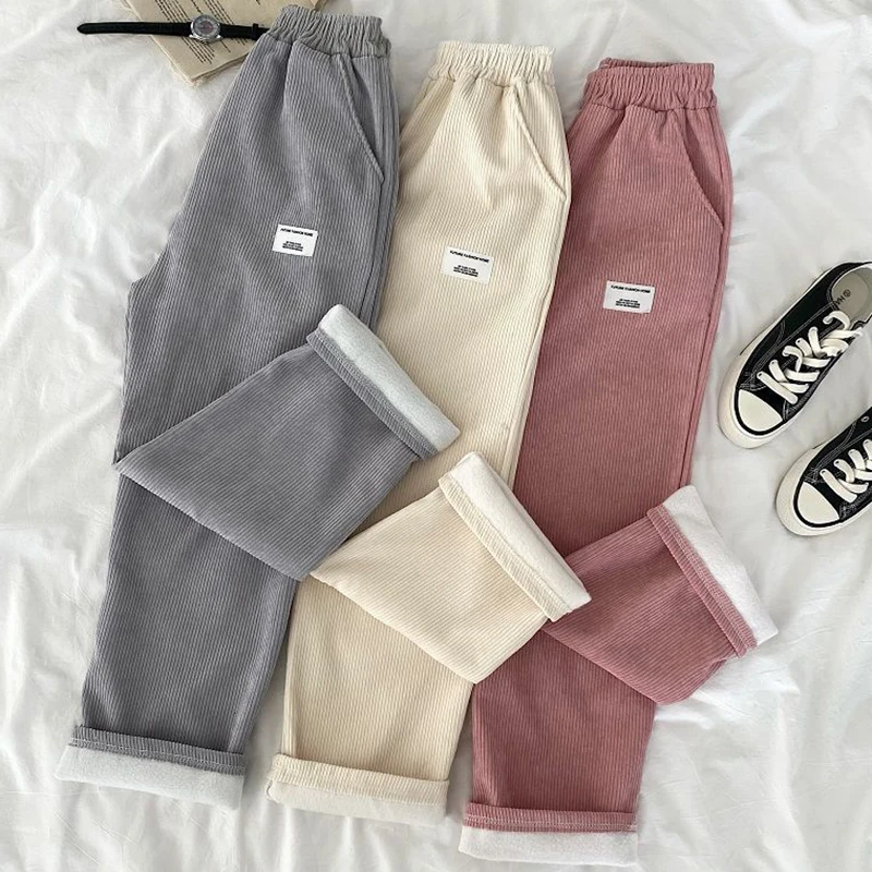 Rimocy Autumn Winter Womens Thick Warm Pants 2021 Casual Corduroy High Waist Loose Pants Woman Ulzzang Wide-leg Trousers Female