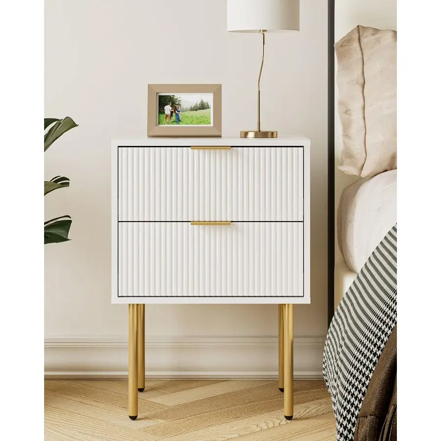 

Stand, Modern Nightstand with Drawers, Bedside Table, Gold Small Side Table for Bedroom, Living Room End Table White Stripe, 2 D