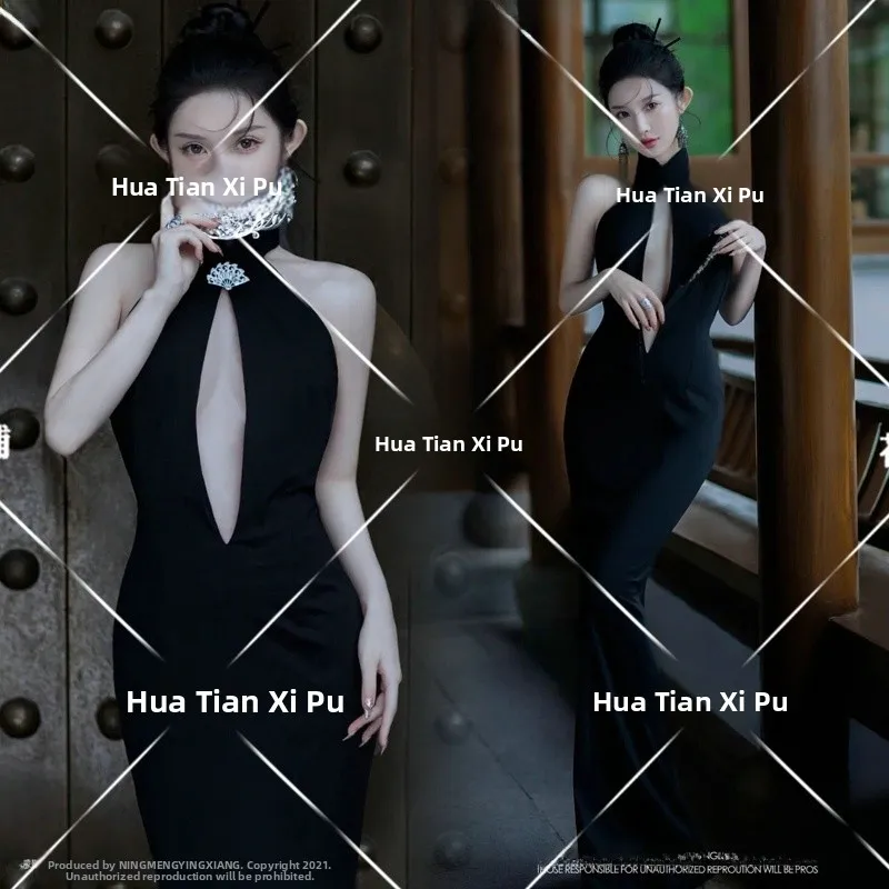 

Fashionable Black Bridesmaid Dress Chest Design Studio Photography Costume for Young Women Artistic Portrait Photography