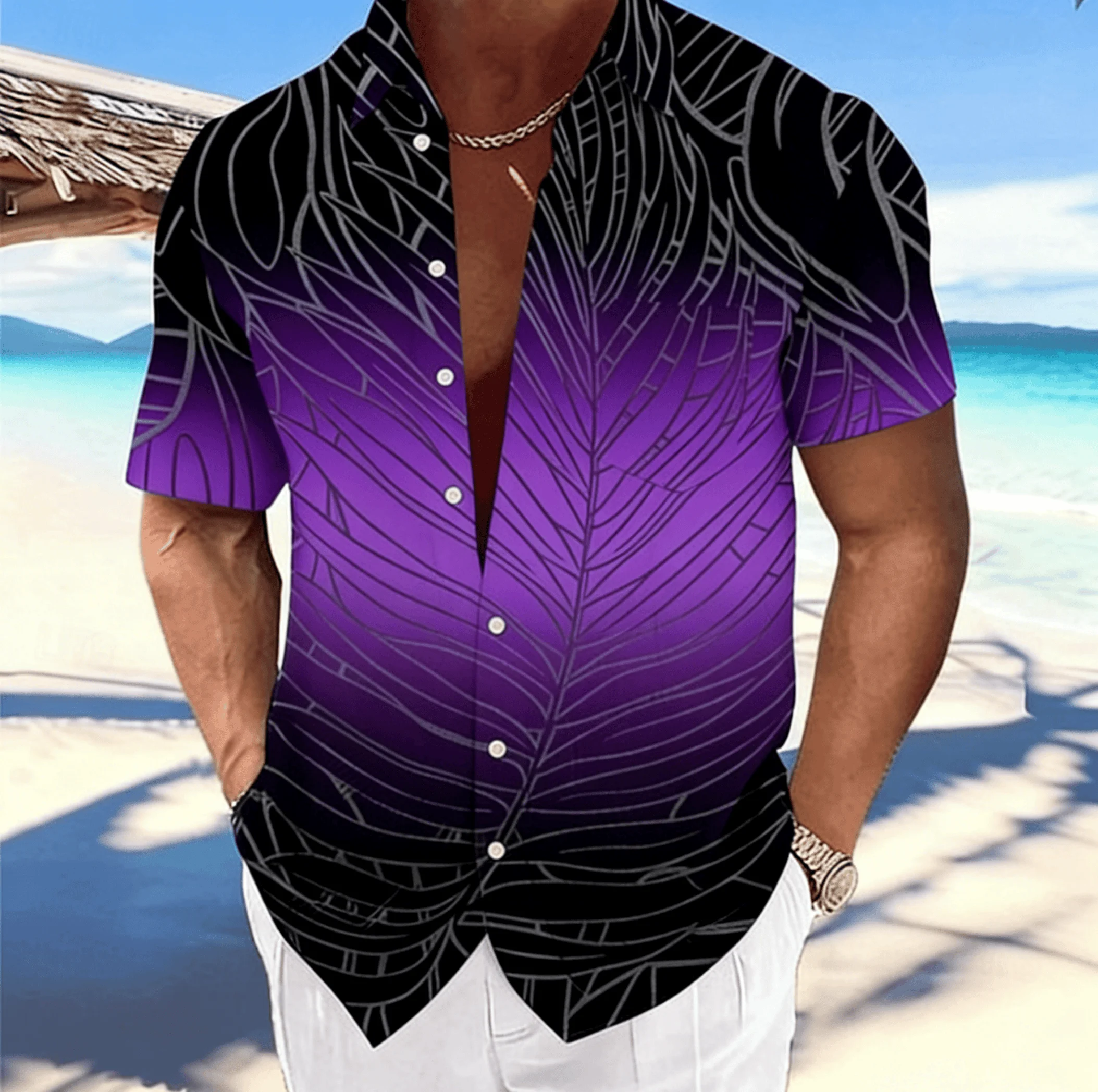 Men's Gradient Palm Leaf Line Print Short Sleeve Shirt, Spring Summer Fresh Hawaiian Blouse, Loose Casual Top