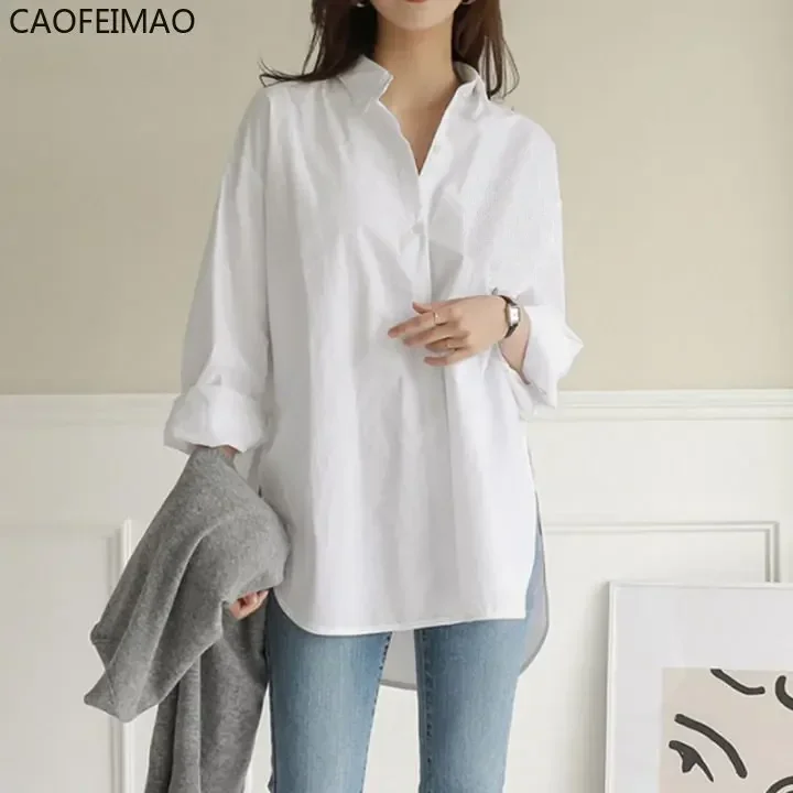 Casual Loose Long Shirt Women Solid Colour Oversize V-Neck Long Sleeve Button Top Shirt Blouse ropa mujer блузка женская 2025